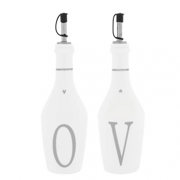 Öl- und Essig Flasche aus Porzellan weiss/grau