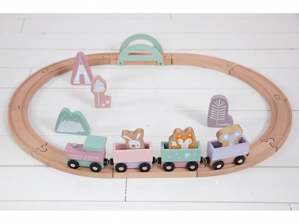Holz-Eisenbahn mit Schienen rosa