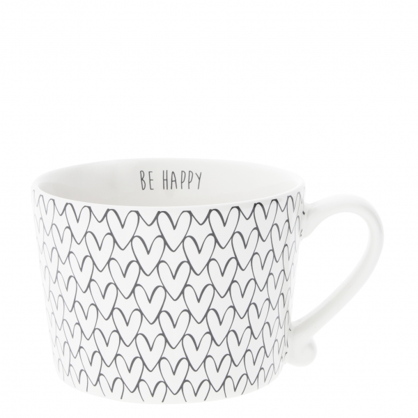 Tasse mit Herzmuster (schwarz) “Be happy”