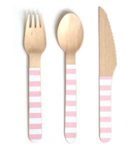 Holz-Besteck mit Streifen rosa 24er Set