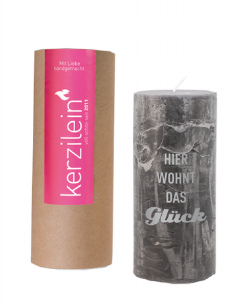 Kerze Hier wohnt das Glück dunkelgrau