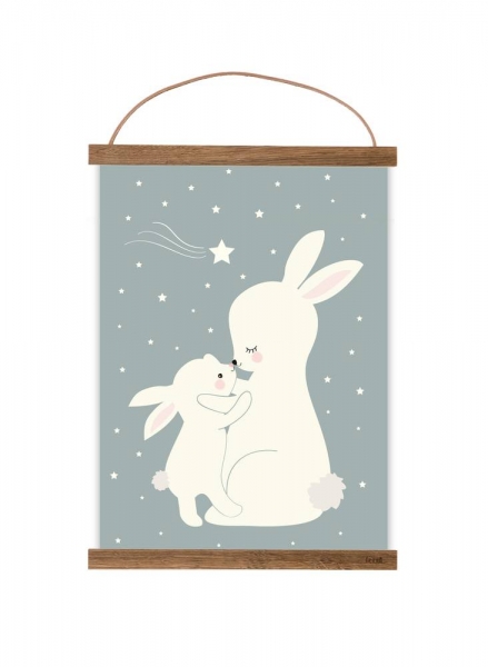 Poster Mama & Baby Kaninchen taubenblau